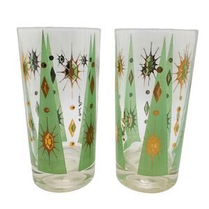 Fred Press Atomic Highball Glasses MCM Green Gold Tumblers Eclipse Sun Burst Bar